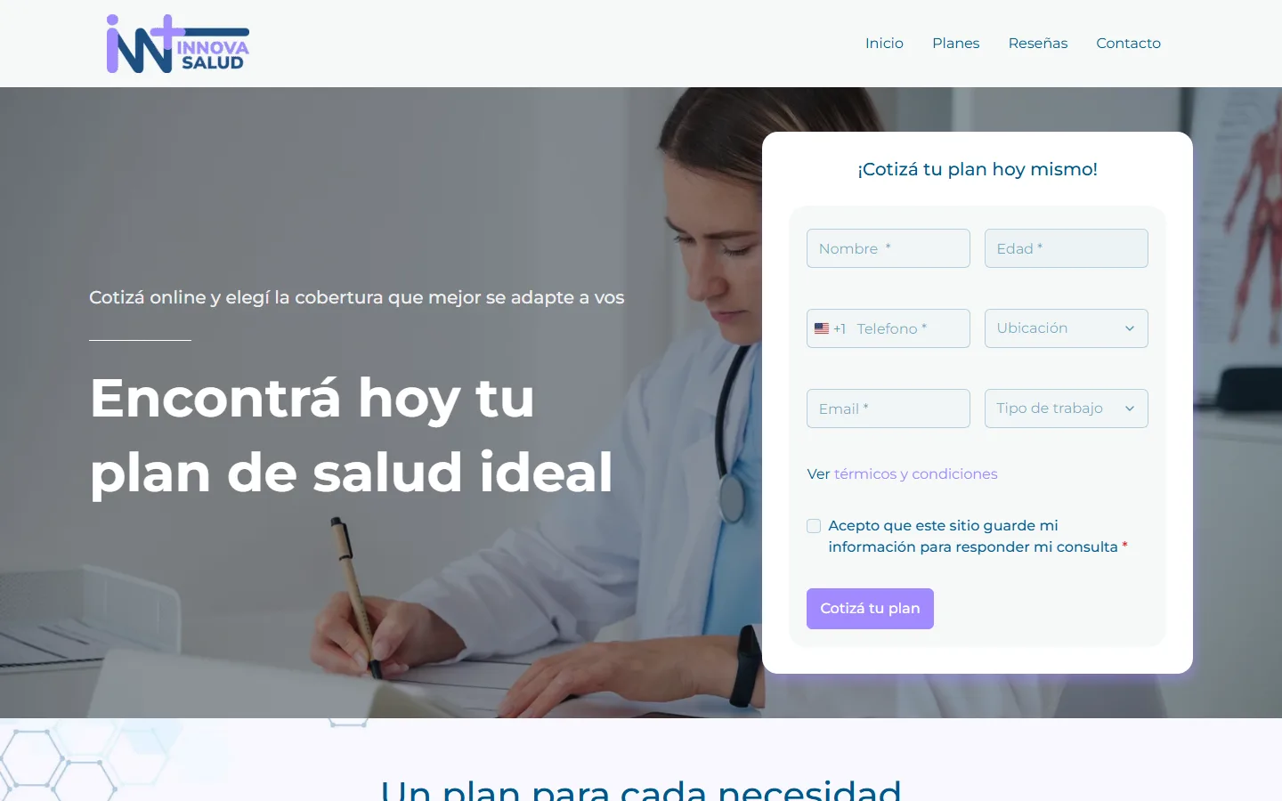 Landing page de Innova Salud con formulario para cotizar medicina prepaga