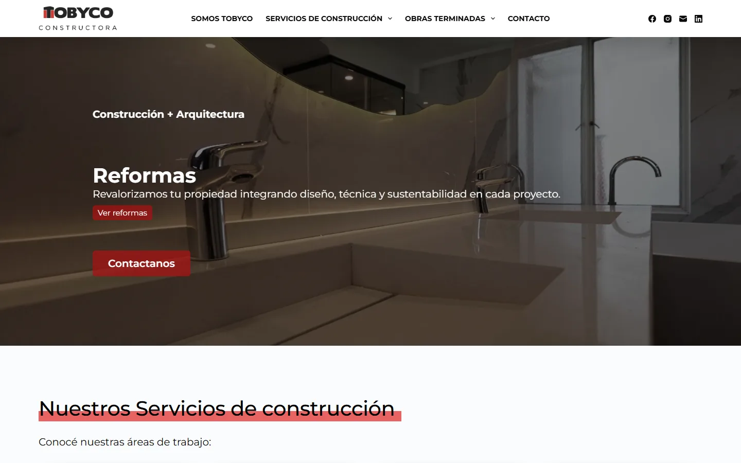 Sitio web de Tobyco Constructora con servicios de construcción y galería de obras