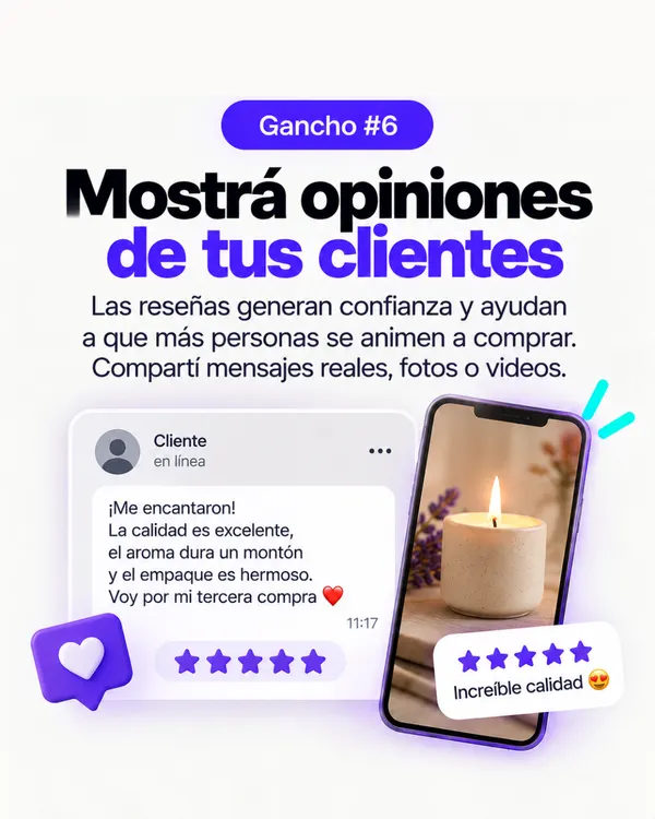 Gancho 6: Mostrá opiniones de tus clientes, ejemplo con velas aromáticas