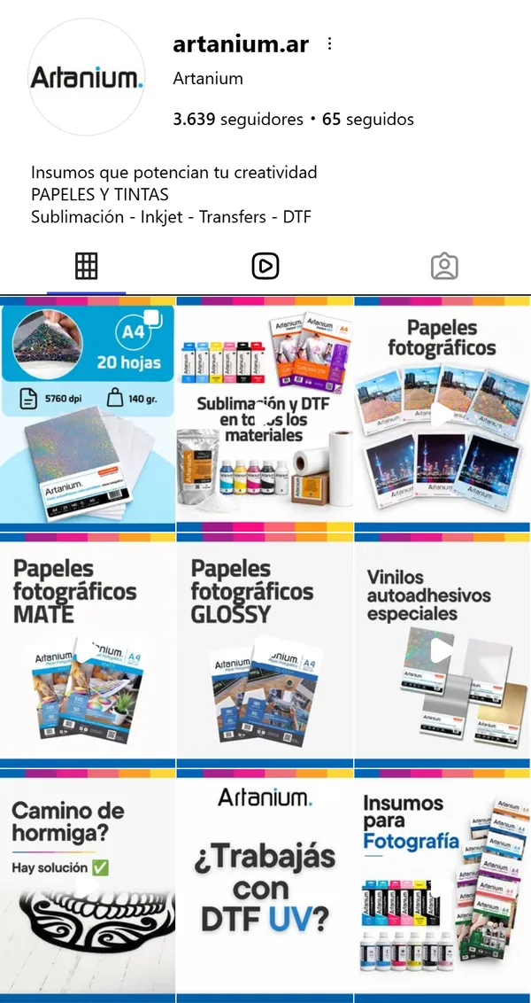 Feed de Instagram de Artanium (@artanium.ar), papeles y tintas