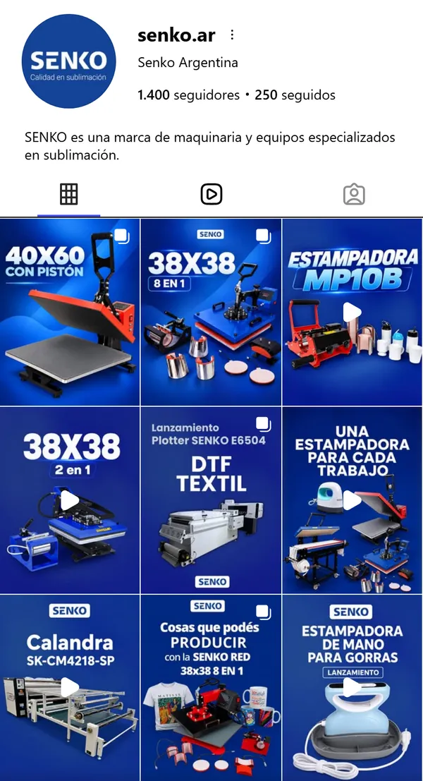 Feed de Instagram de Senko Argentina (@senko.ar), maquinaria para sublimación