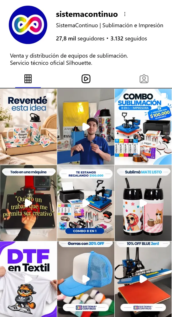 Feed de Instagram de Sistema Continuo (@sistemacontinuo), sublimación e impresión